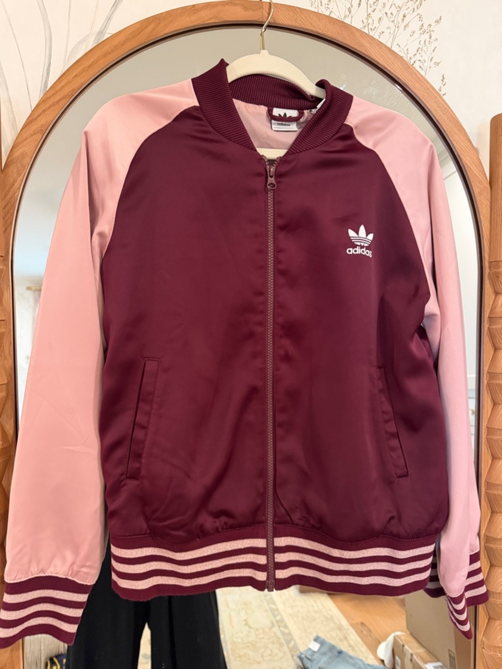 adidas Women's Burgundy and Light Pink Satin Bomber Jacket - Picture 3 of 4